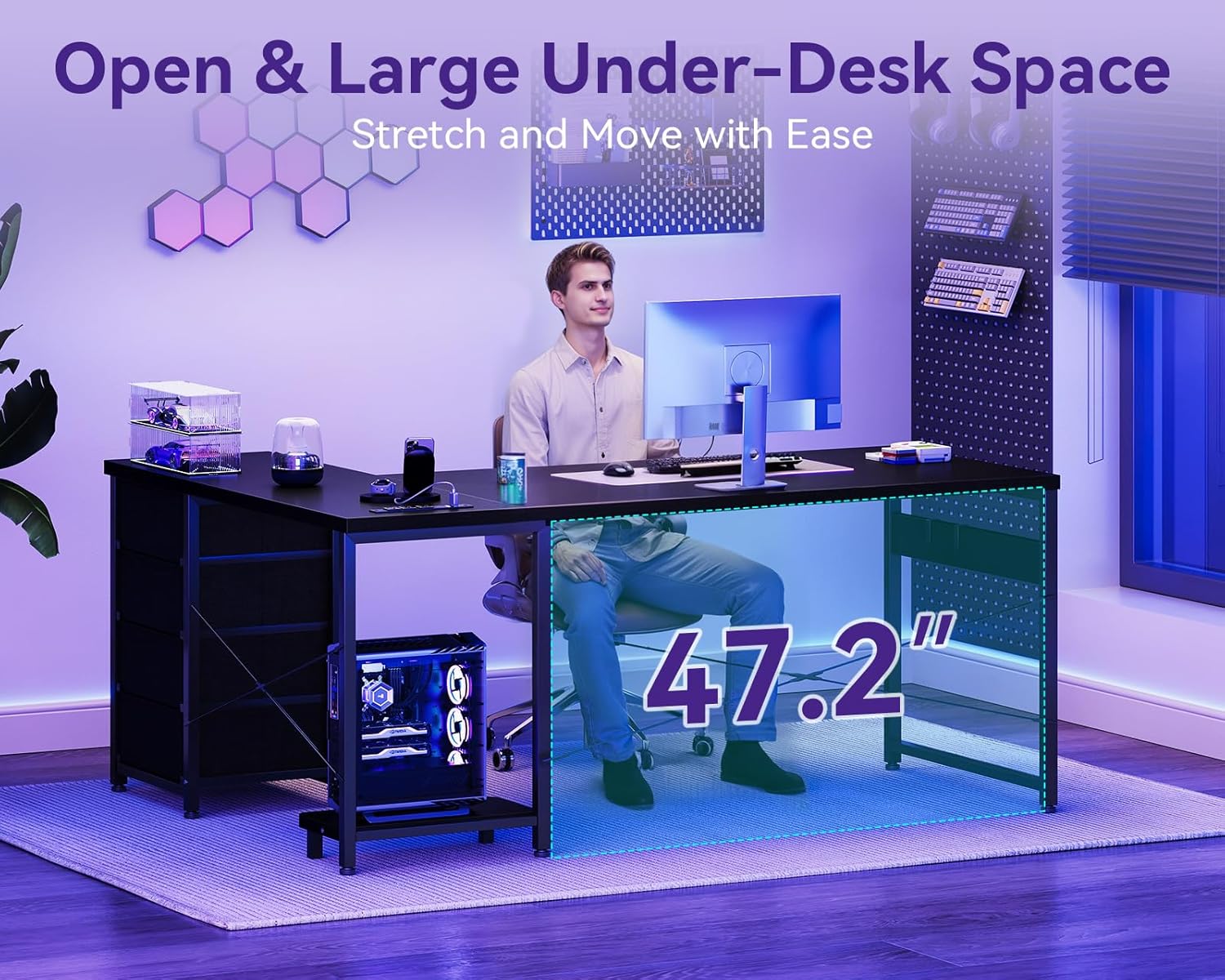 L Shaped Gaming Desk with 4 Drawers, 61" Reversible Home Office Desks with Power Outlets, L Shaped Computer Desk with