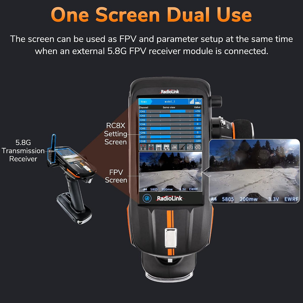 RC8X 8 Channels RC Transmitter with R8FG&R4FGM Gyro Receivers | 4.3" IPS Touch FPV Screen2.4G Voltage Telemetry