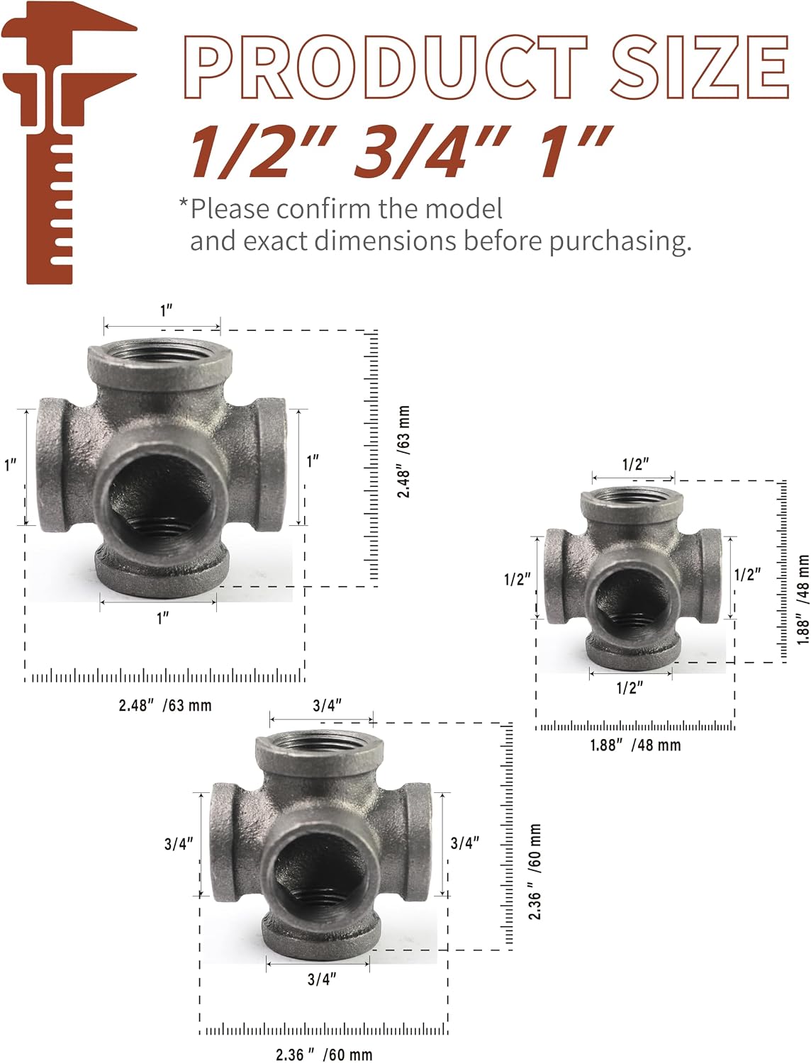 Black 5-way Side Exit Cross,Cast Iron Pipe Fitting Cast Iron Angle Pipe Fitting for Vintage Style DIY Projects/Furniture/Shelves (Pack of 1) (1/2 INCH)