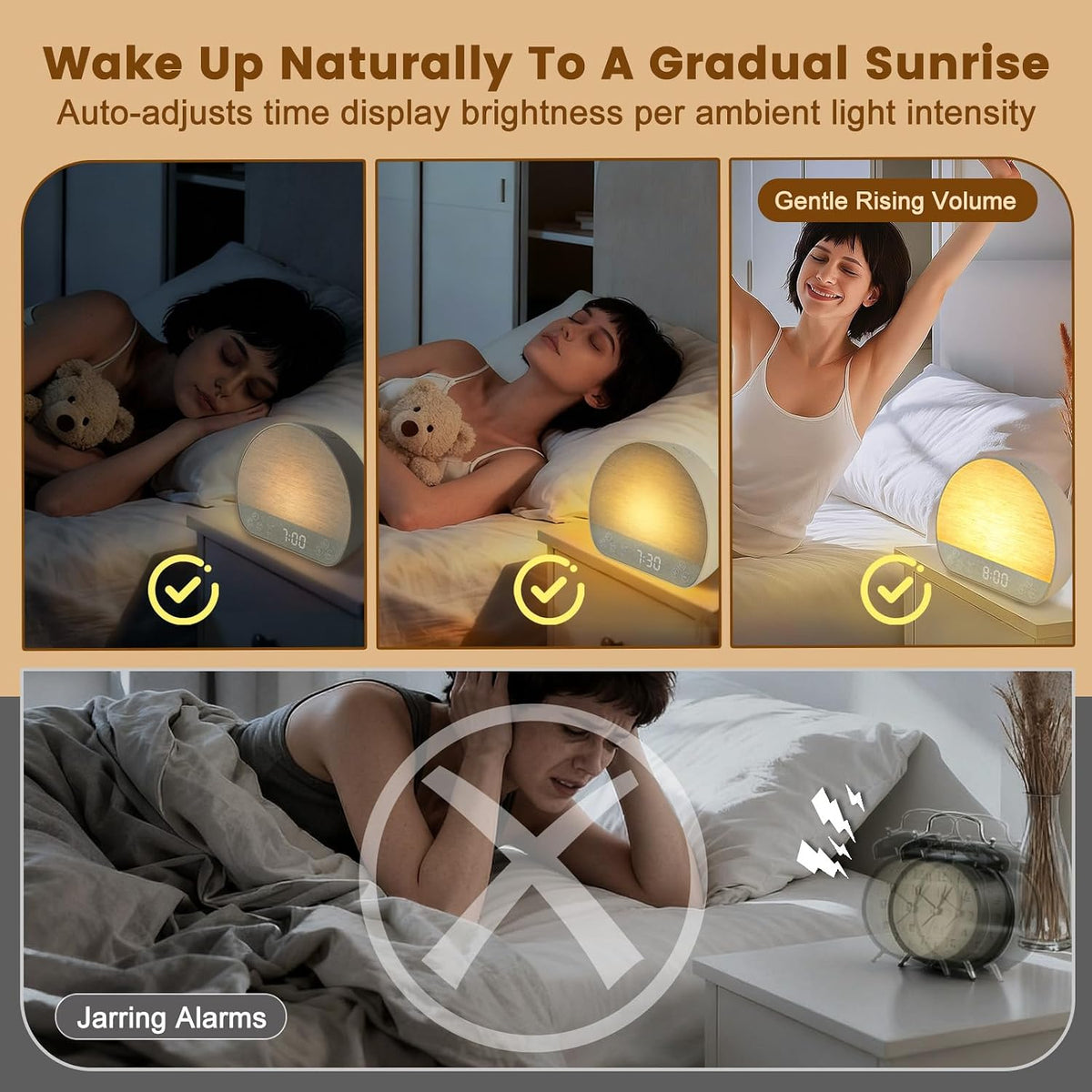 Sunrise Alarm Clock Wake Up Light for Heavy Sleeper with Remote | 37 White Noise Sounds, Tap Snooze, Bluetooth, USB
