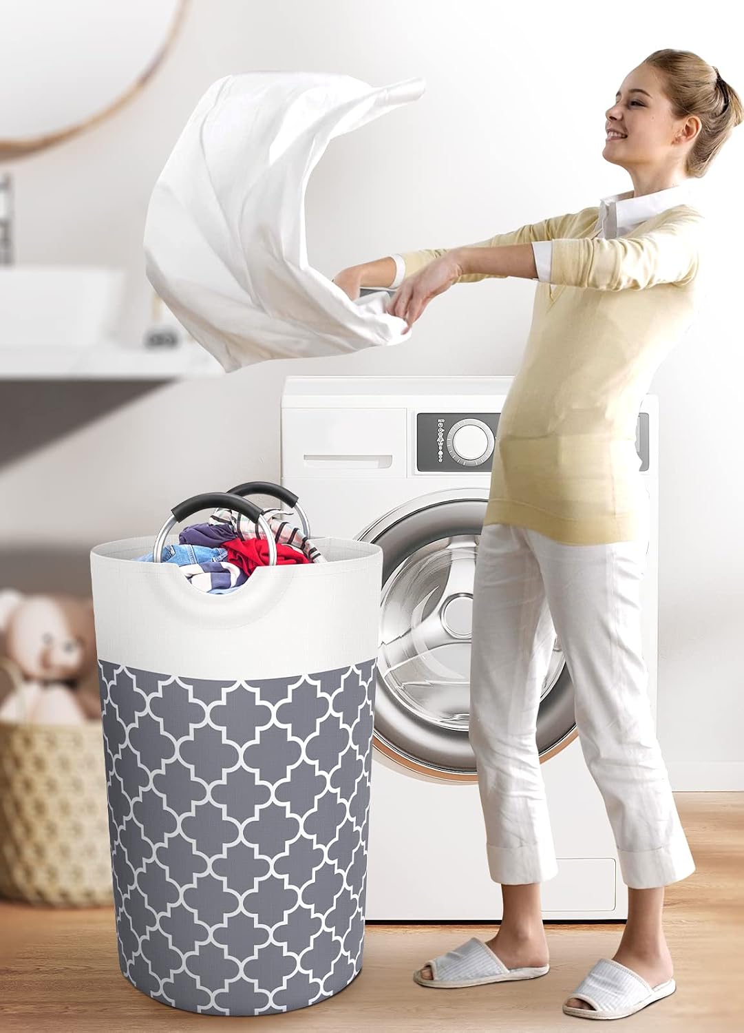 Large Laundry Basket 82L Tall Collapsible Hamper with Handles for Dorm Grey | Freestanding Laundry Hamper, Waterproof