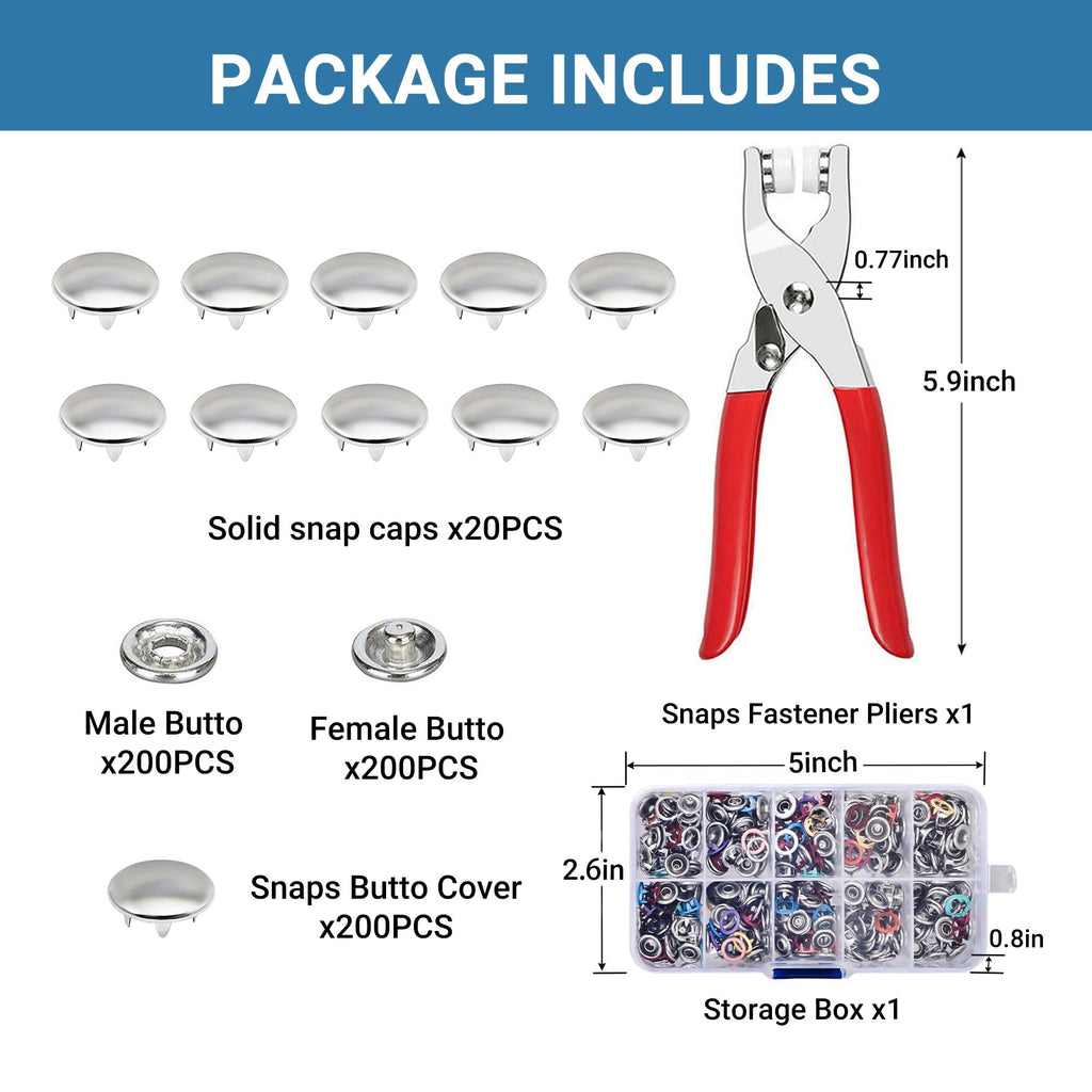 200 Sets Metal Snap Buttons with Fastener Pliers Press Tool Kit, Silver Solid Sewing Snaps for Fabric,Prong Snap
