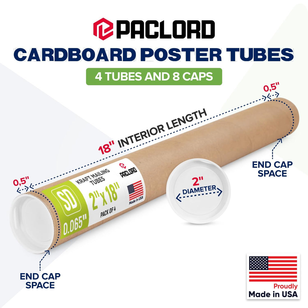 2" x 18" Made in USA Reinforced Kraft Paper Mailing Tube, 4 Tubes, 8 Caps