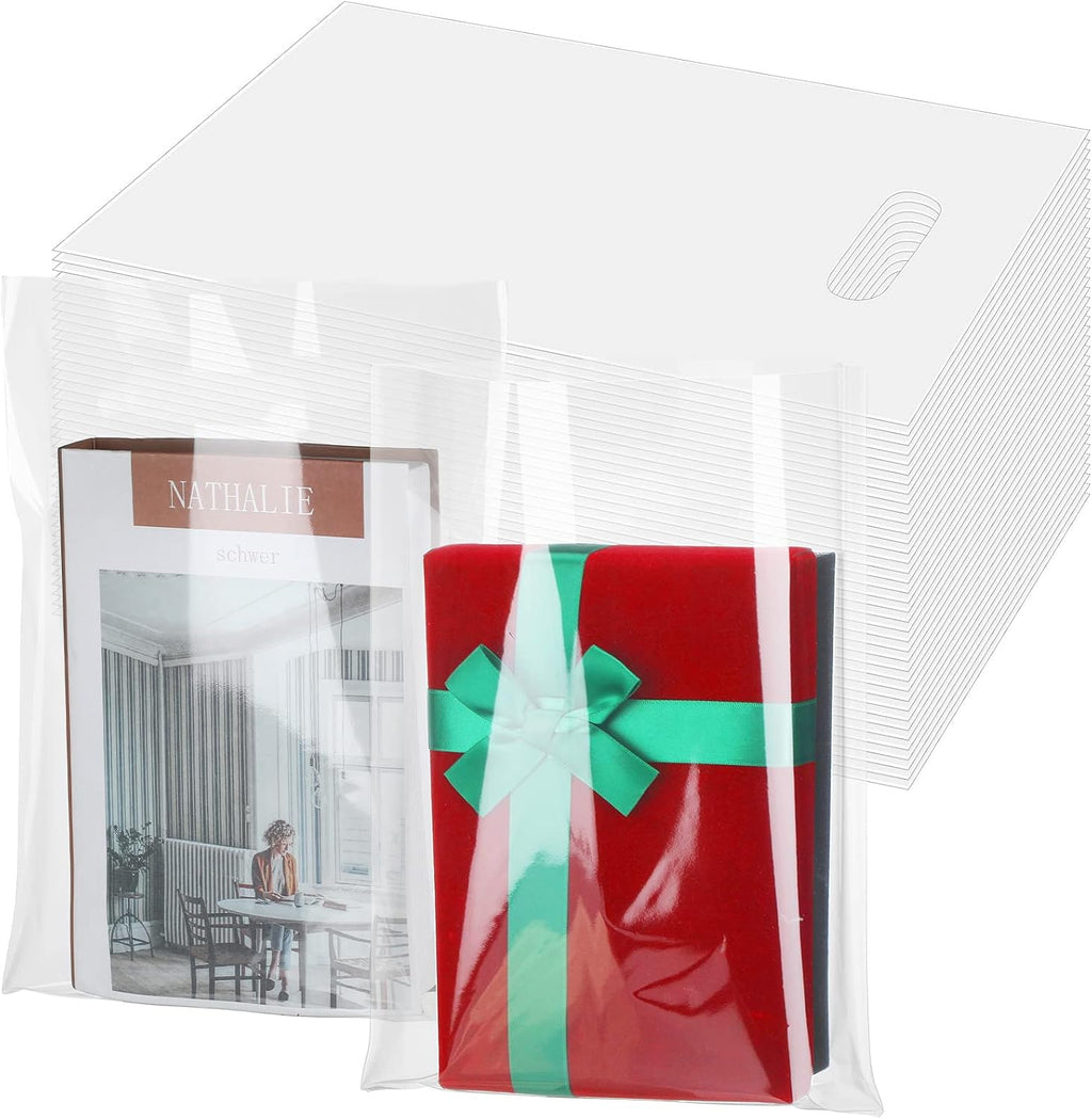 200 Pack 9" x 12" Clear Plastic Gift Bags with Die Cut Handle