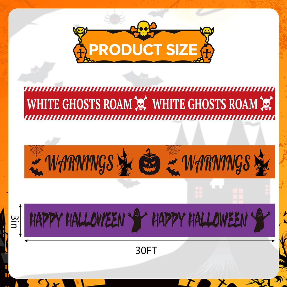 Halloween Caution Tape Decorations 3"x90ft Reusable Glue Free Warning Tape
