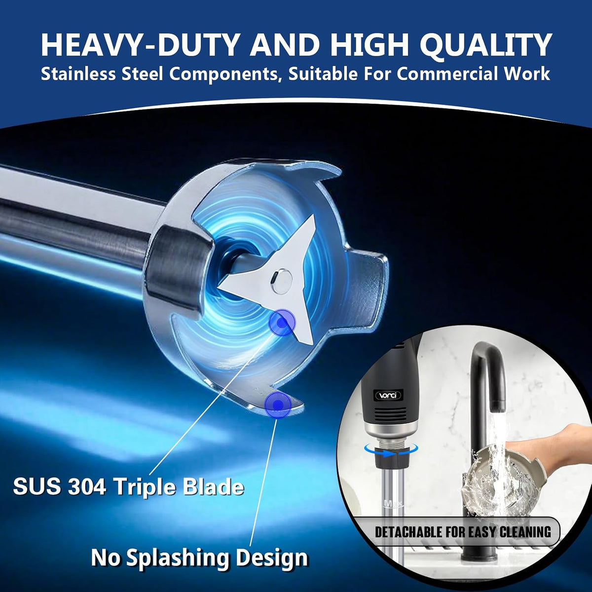 500W Commercial Immersion Blender Handheld, 20" 304 Removable Shaft, Heavy Duty Stick Blender with Variable Speed