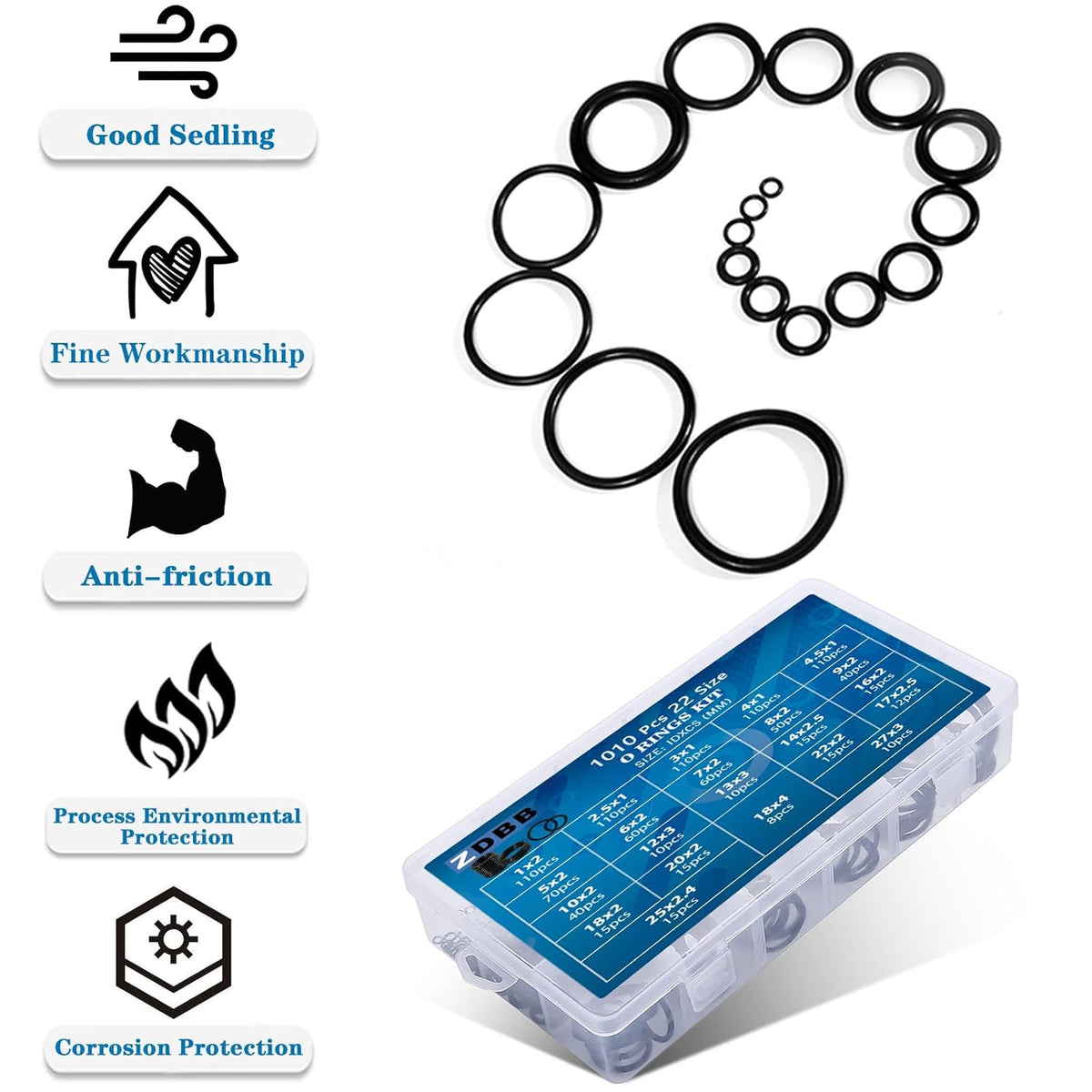 ZDBB 1010 Pcs Rubber O Rings Kit 22 Size Universal O-Ring Assortment Set