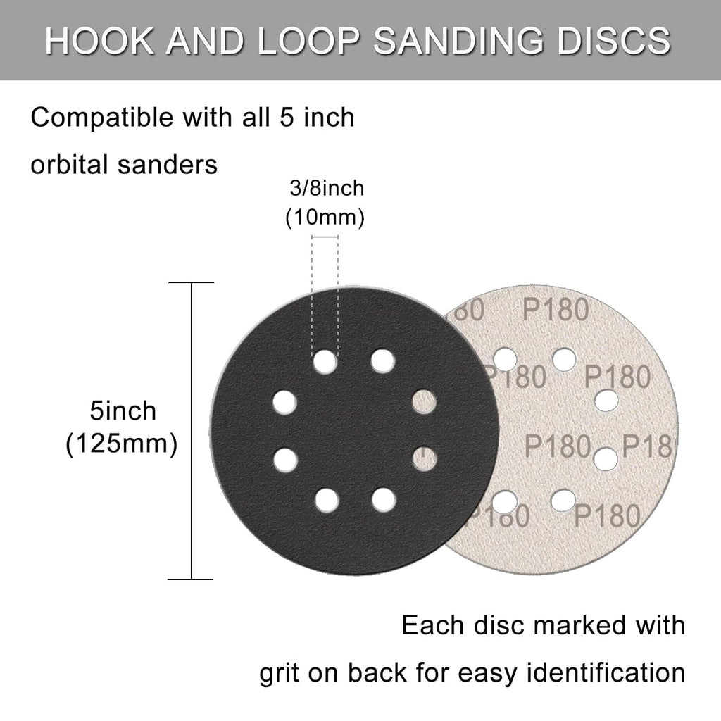 100Pcs 5 Inch Sanding Discs Hook & Loop 8-Hole Wet Dry Sandpaper Assortment