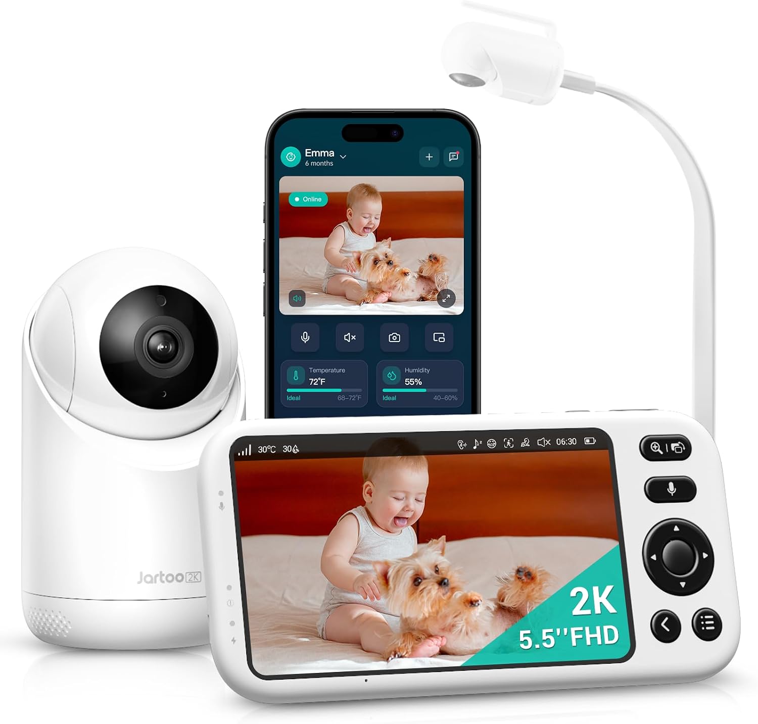 Smart Baby Monitor with 2K Camera & Mount, 1860ft Long Range, 5.5" Screen, Hybrid Wi-Fi and No Wi-Fi Connection