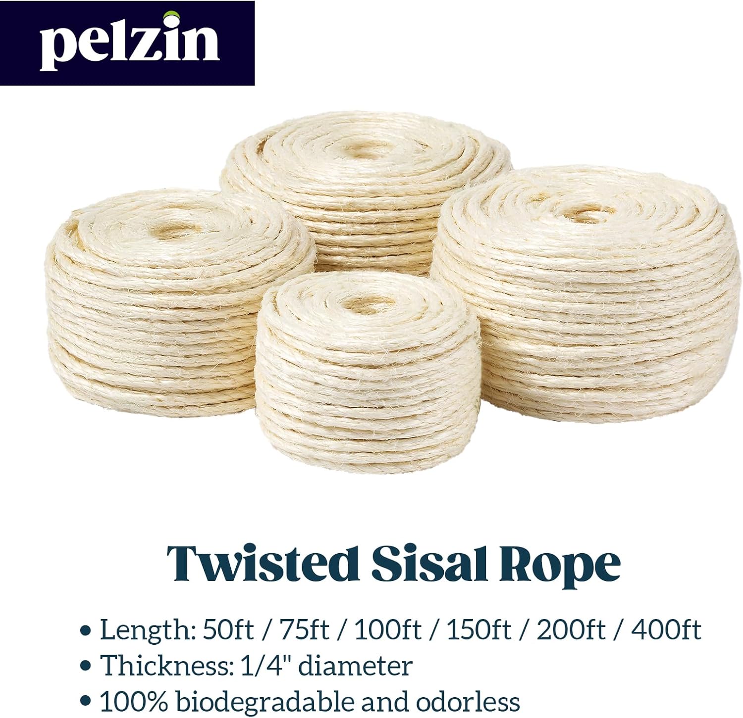 Natural Sisal Rope for Cat Scratcher - 1/4 Inch by 50 Feet, Cat Tree Rope Twine for Scratching Post Replacement