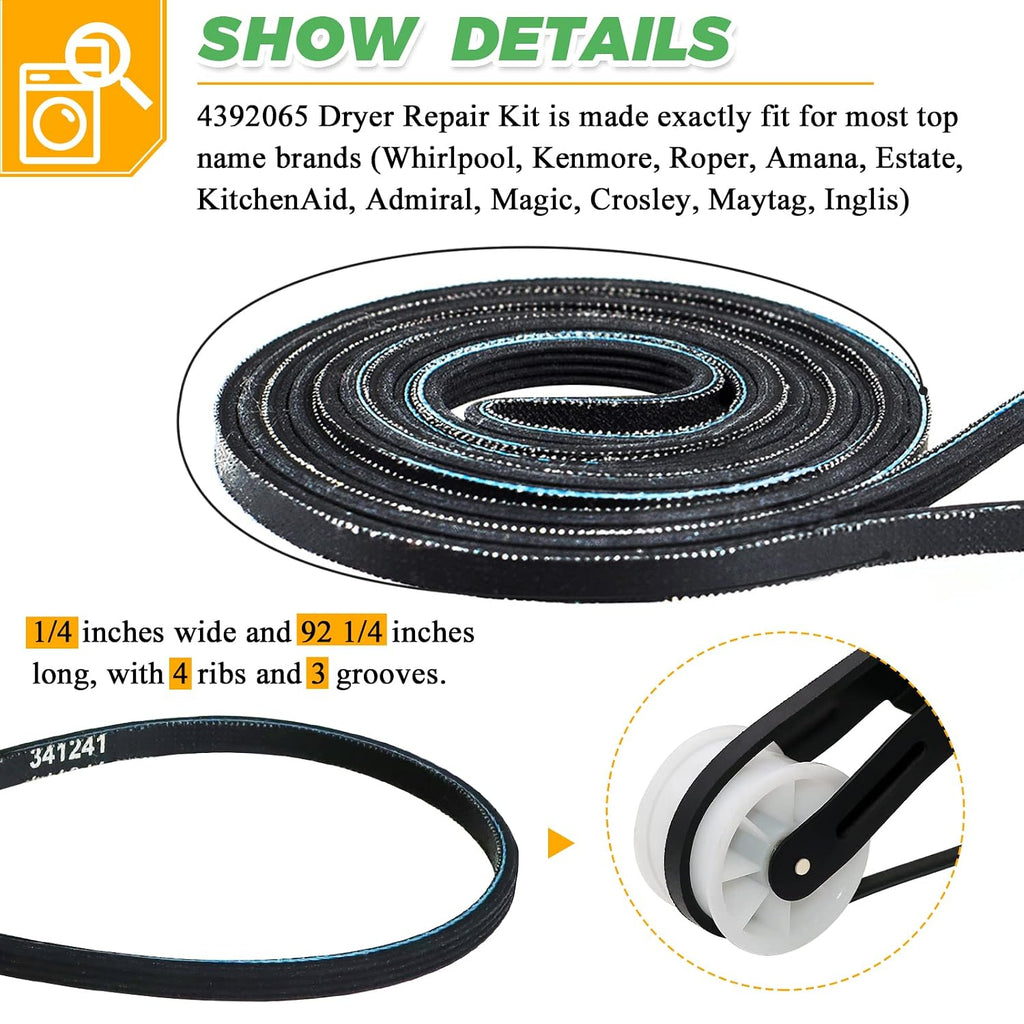 4392065 Dryer Repair Kit with 349241T Drum Roller Kit, 691366 Idler Pulley and 341241 Belt by Techecook - Replacement