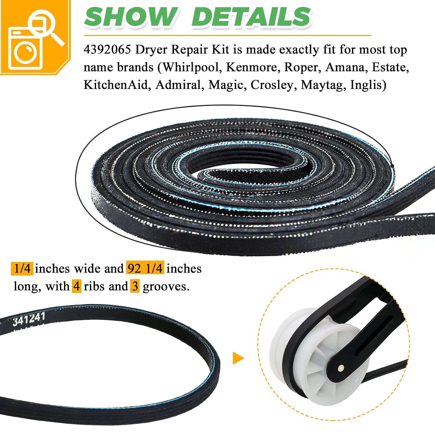 4392065 Dryer Repair Kit with 349241T Drum Roller Kit, 691366 Idler Pulley and 341241 Belt by Techecook - Replacement