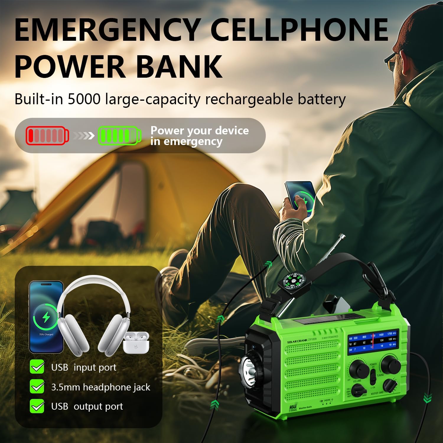 Emergency Weather Radio with NOAA Alert, Portable Solar Hand Crank AM/FM/SW | 5000mAh Rechargeable Battery for Power