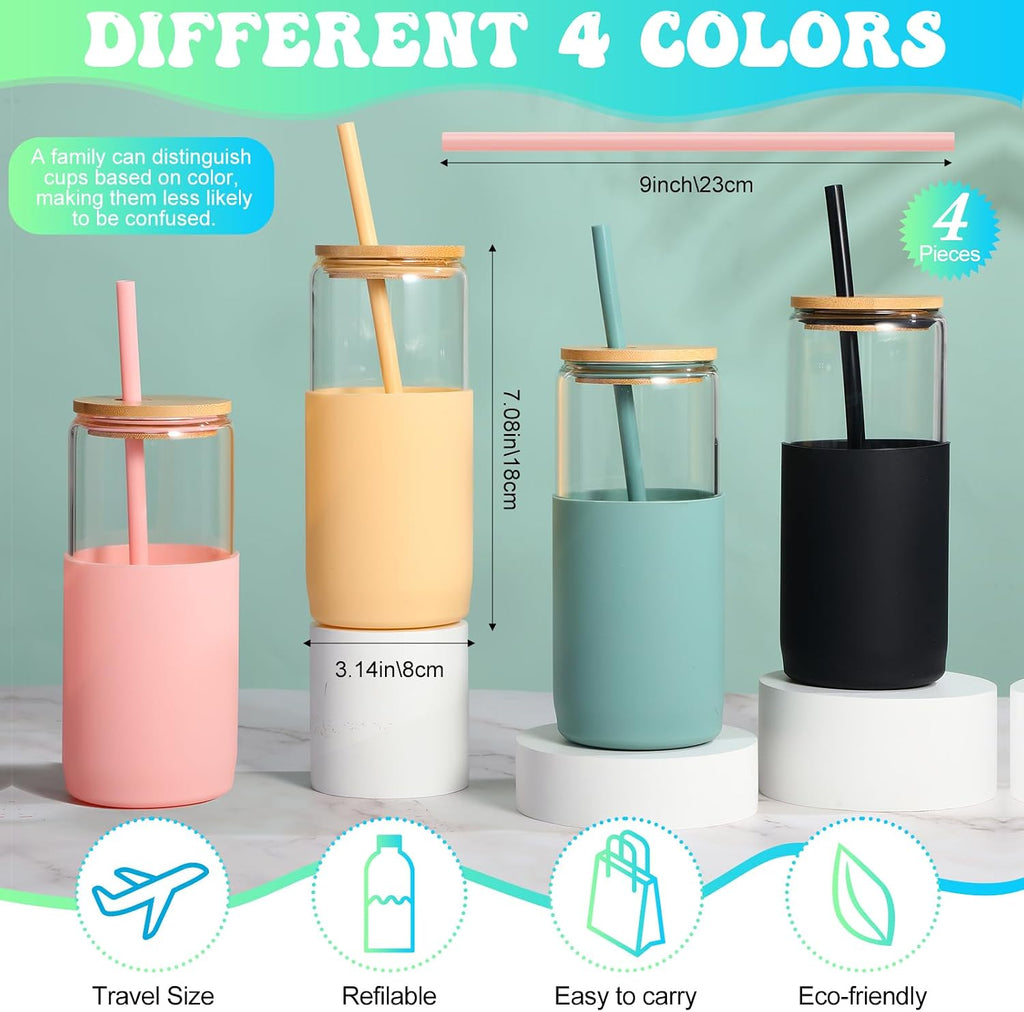 4 Pack 20 oz Glass Cups with Lids and Straws, Iced Coffee Cup Smoothie Cup with Silicone Sleeve Drinking Glasses