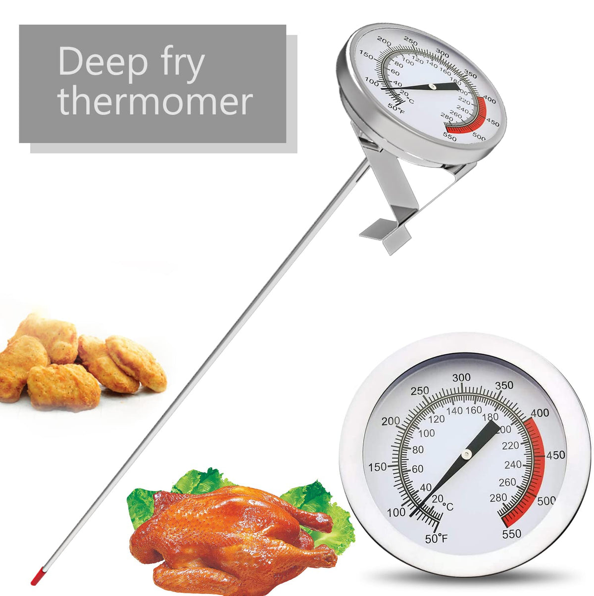 16" Long Stem Deep Fry Thermometer (2 Pack) with Pot Clip, Instant Read 2" Dial Meat BBQ Turkey Thermometer Candy