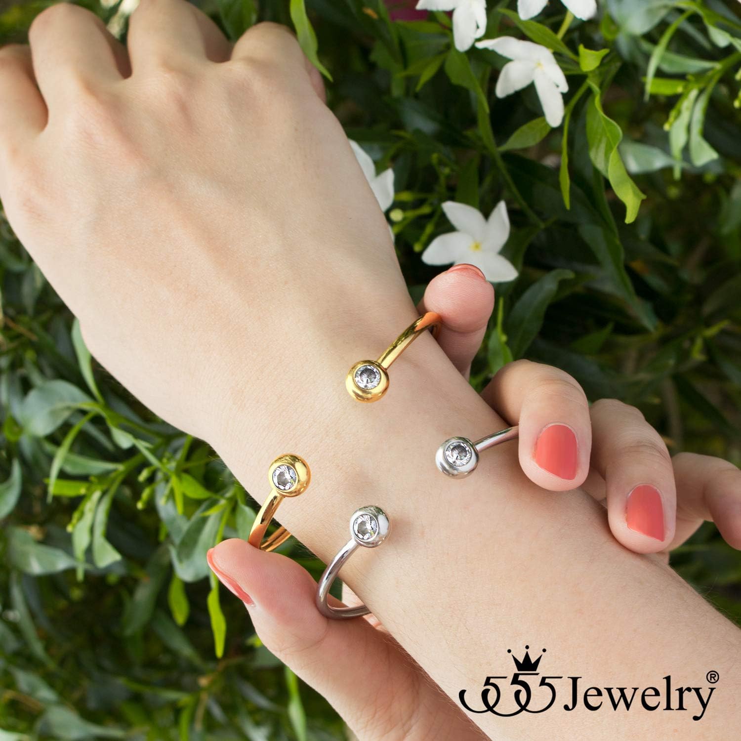 Stainless Steel Open Cuff Bangle CZ Bead Bracelet for Women & Ladies