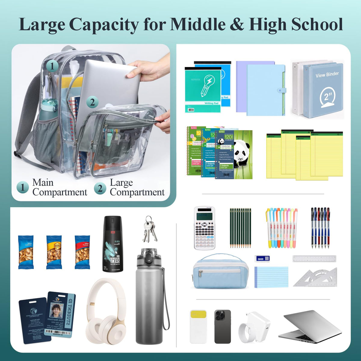 Clear Backpack for School - 18 Inch Extra Large Clear Bookbag, Gray