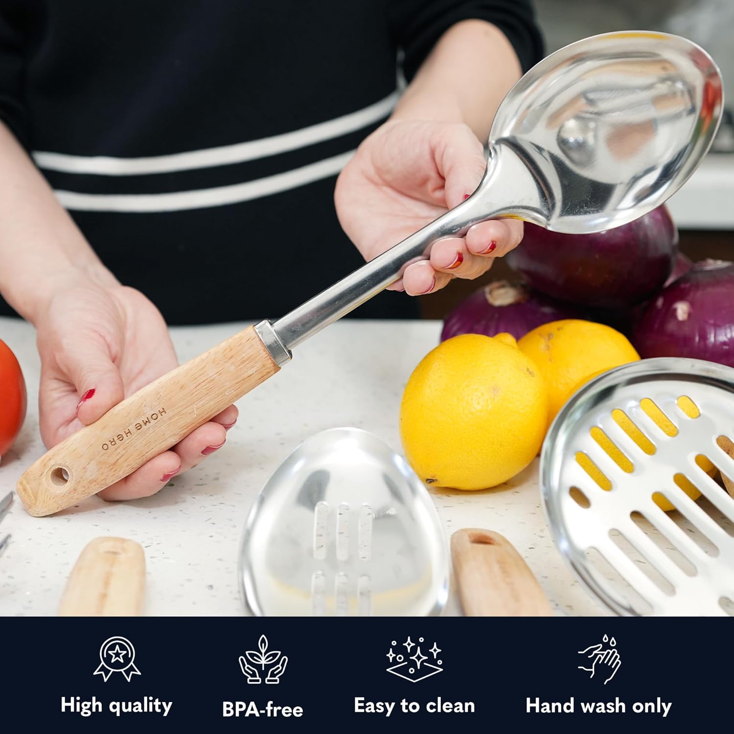 Stainless Steel Kitchen Utensils Set - Wood Handle Nonstick Stainless Steel Cooking Utensils Set - Heat Resistant