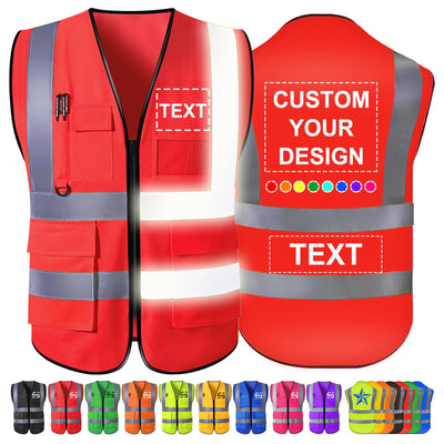 Custom Safety Vest Men Women High Visibility Reflective Personalized Logo Hi Vis Vests Pockets Zipper Construction