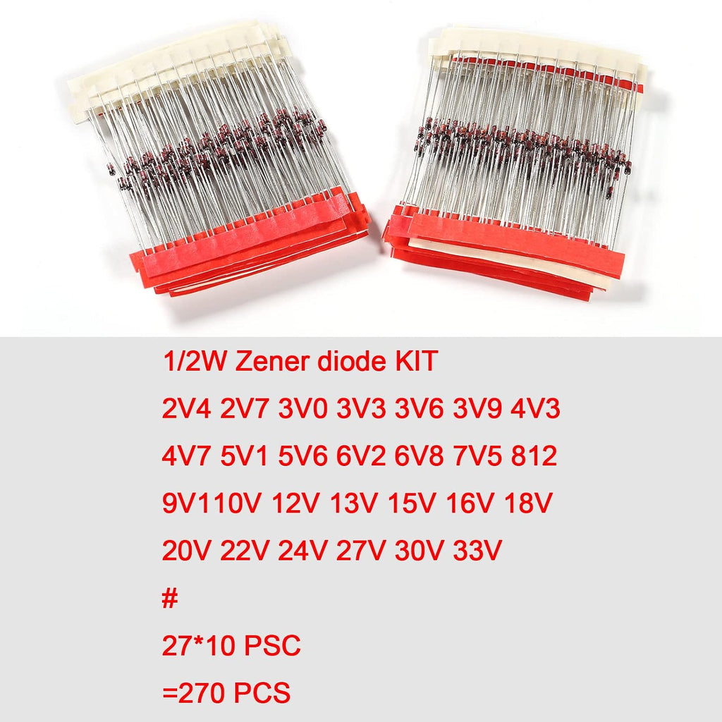 27 Value 270pcs 1/2W Zener Diodes Assortment Kit 2.4V 2.7V 3.0V 3.3V 3.6V 3.9V 4.3V 4.7V 5.1V 5.6V 6.2V 6.8V 7.5V 8.2V 9.1V 10V 12V 13V 15V 16V 18V 20V 22V 24V 27V 30V 33V