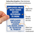 “Employees Must Wash Hands Before Returning to Work" Bilingual Hand Washing Label | 3.5" x 5" Laminated Vinyl