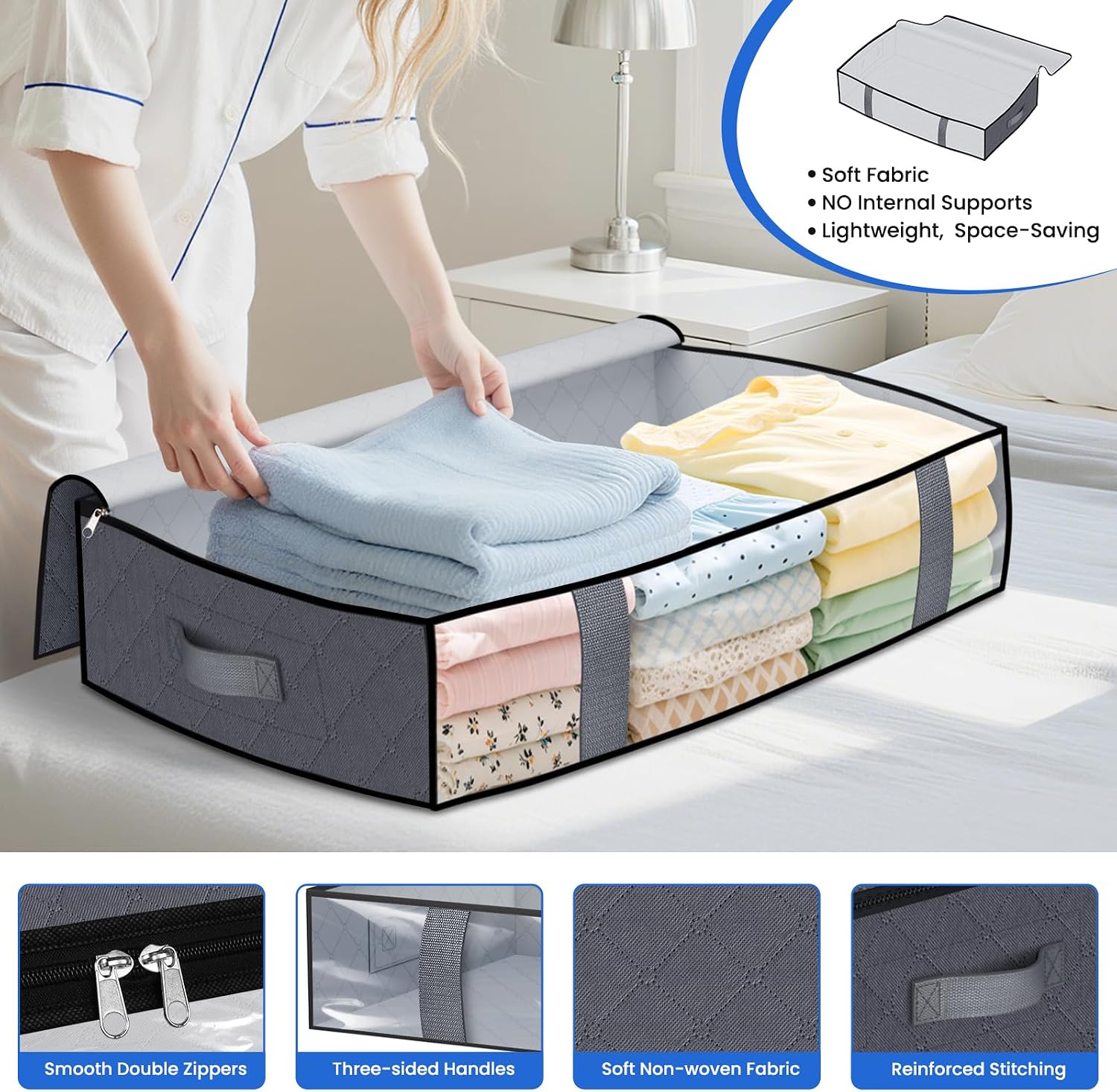 Under Bed Storage Containers, 4 Pack Blanket Storage Bags, Collapsible Storage Bags with Big Zippers, Clear Front