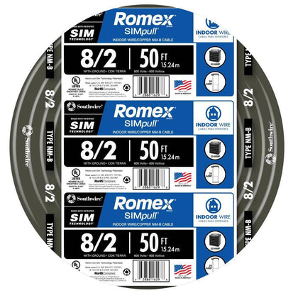 Southwire 8/2 Nonmetallic with Ground Sheathed Cable, Black, 50 ft.