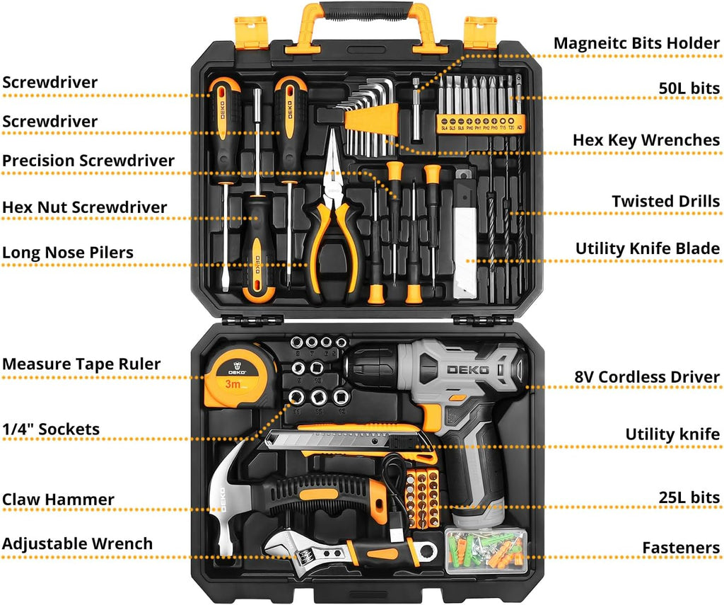 Tool Set：Tool Kit with 8V Cordless Drill,Tool Box with Drill,Hand Drill Set for Men & Women,Home Tool Kits for House