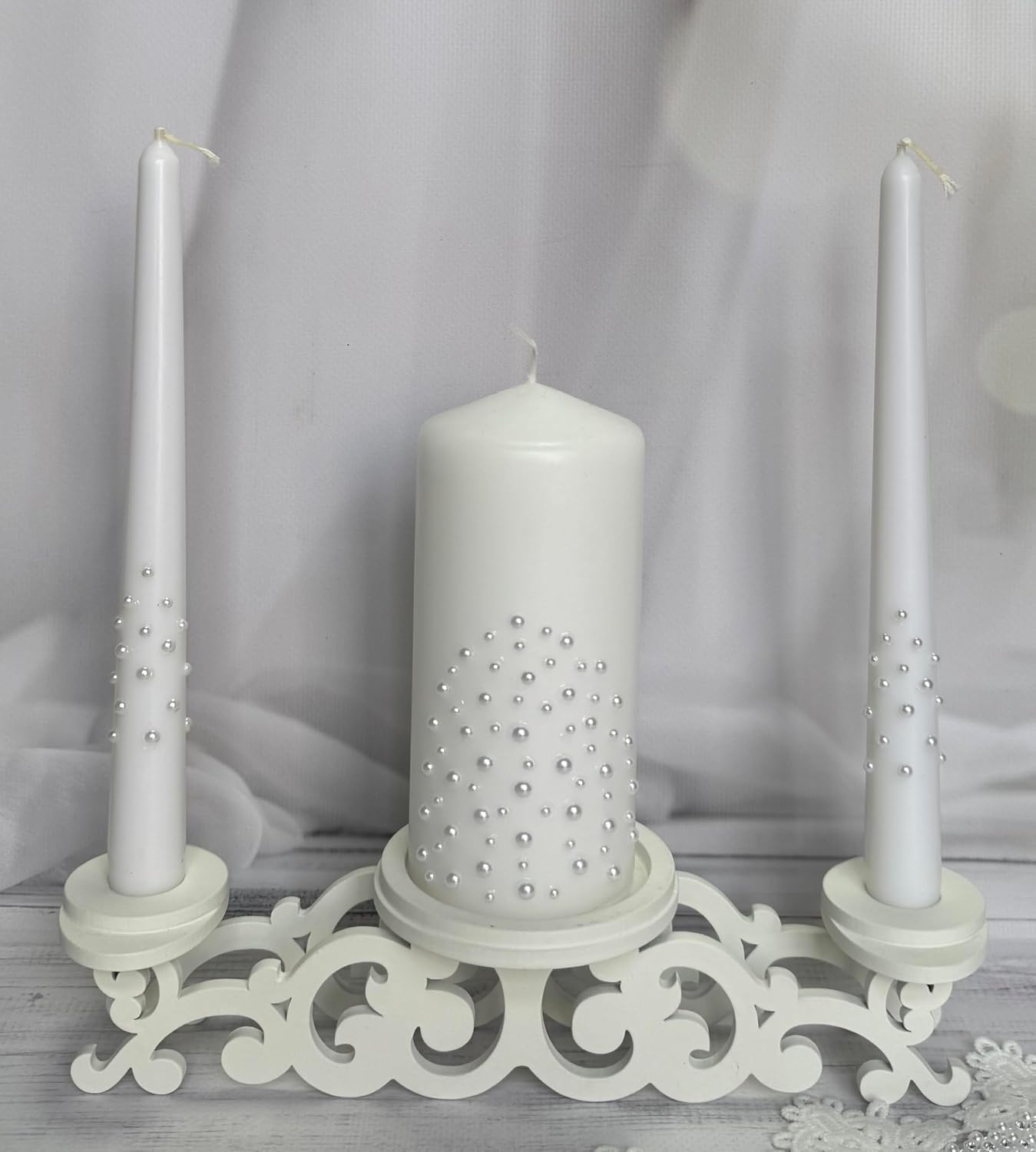 Pearl Cascade Unity Candle Set for Wedding Ceremony & Reception, White Unity Candles 6” Pillar & Two 10” Taper