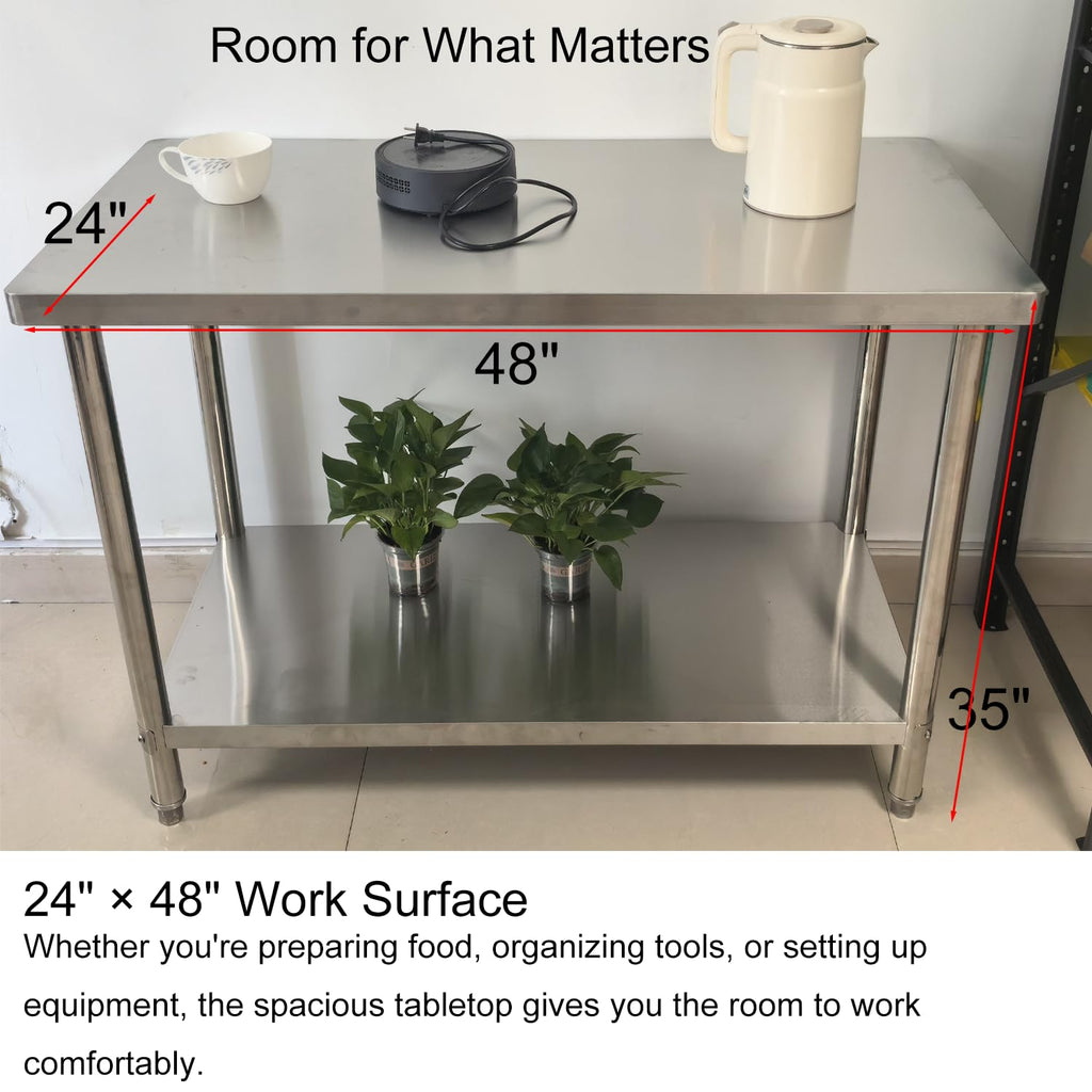 Stainless Steel Work Table, 24 x 48 Inch Heavy-Duty Prep Table with Undershelf and Reinforced Supports for Kitchen