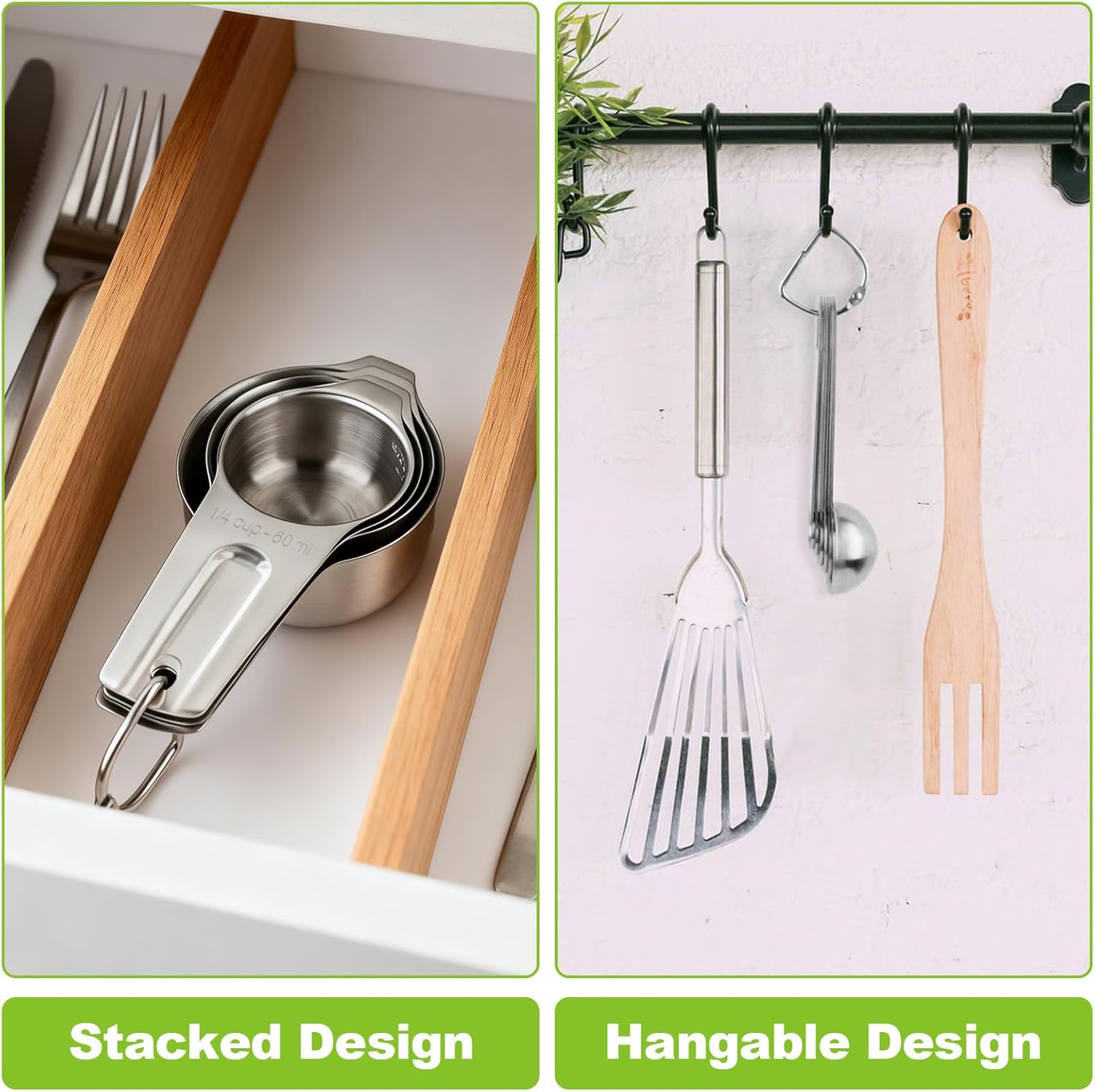 Stainless Steel Measuring Cups and Spoons Set of 10, Nesting Measuring Cup Set - 4 Cups 6 Spoons, Stackable Measure