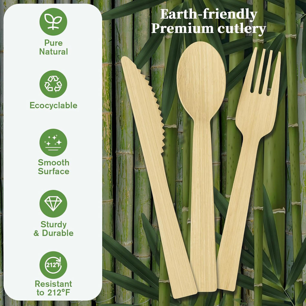 300 Count Bamboo Cutlery Set, 100 Knives, Forks and Spoons each