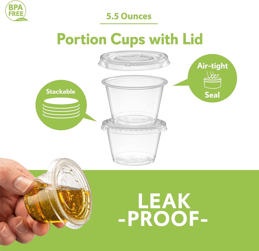 5 oz - Clear Diposable Plastic Portion Cups With Lids, Small Mini 100 Sets