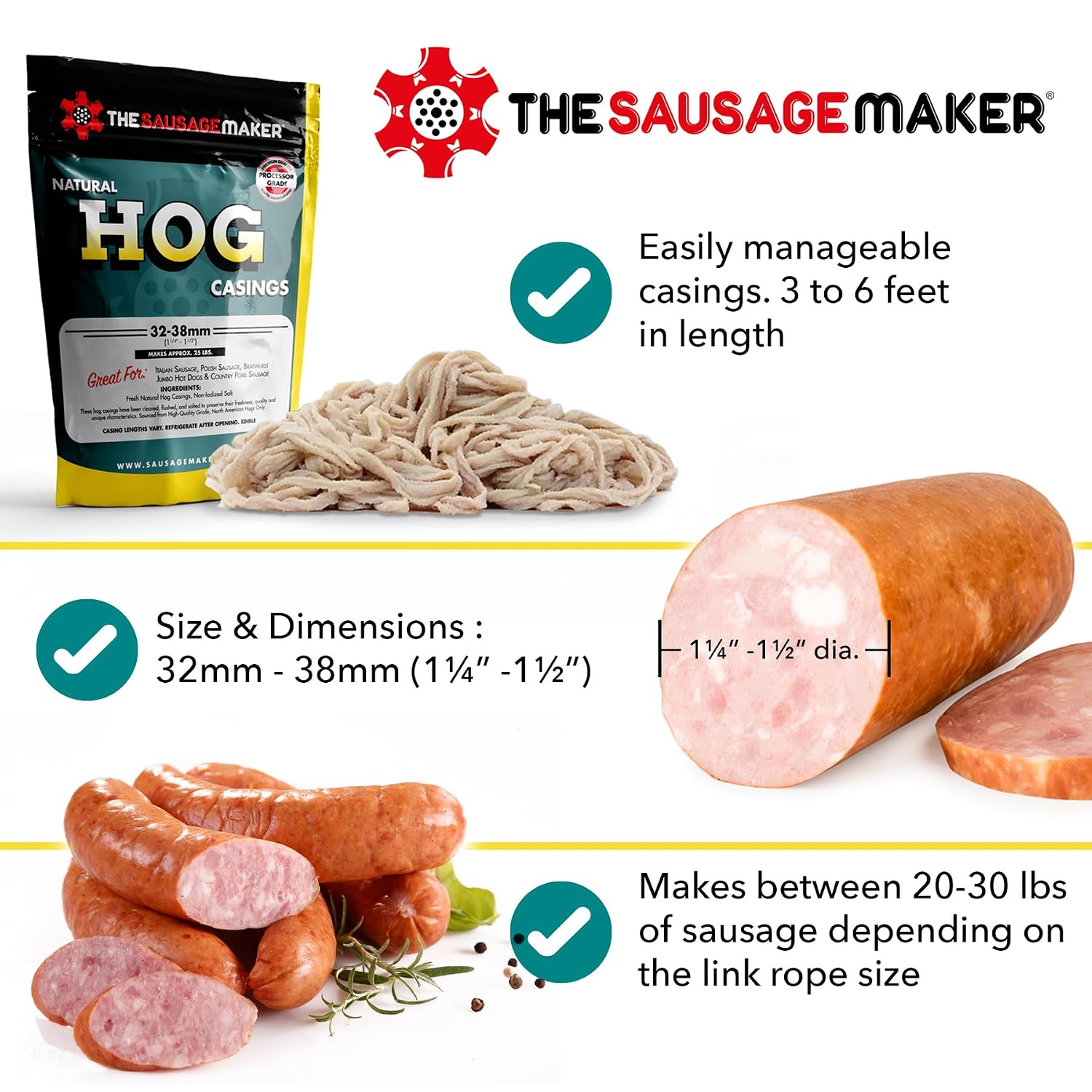 Natural Hog Sausage Casings 32-38mm, Edible Casing For Sausage Making, Stuff Over 25 Lbs Meat, Breakfast, Italian