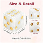 Crystal Dice, 16mm, White with Gold Pips, Natural Stone Game Dice, 2 Piece Set