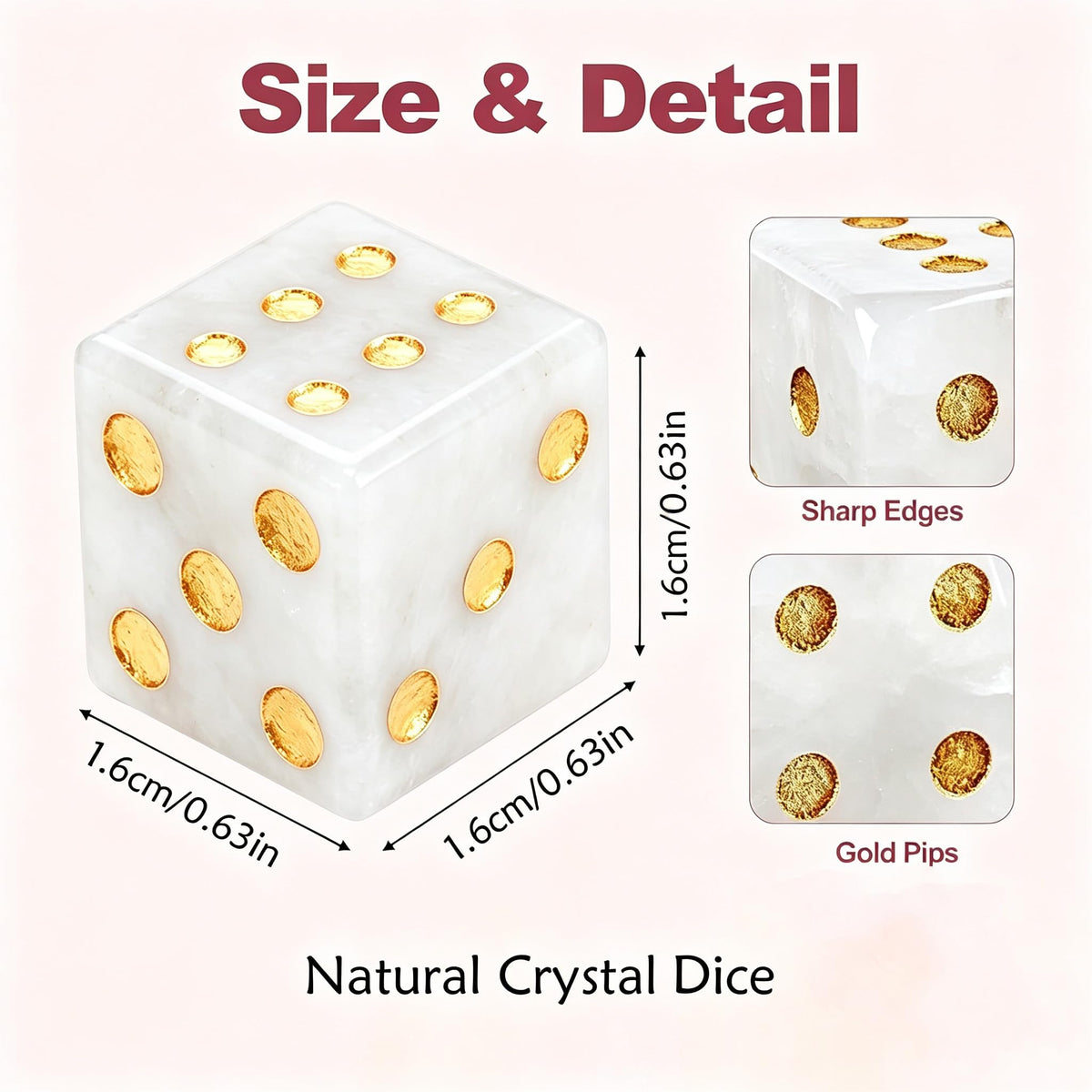 Crystal Dice, 16mm, White with Gold Pips, Natural Stone Game Dice, 2 Piece Set