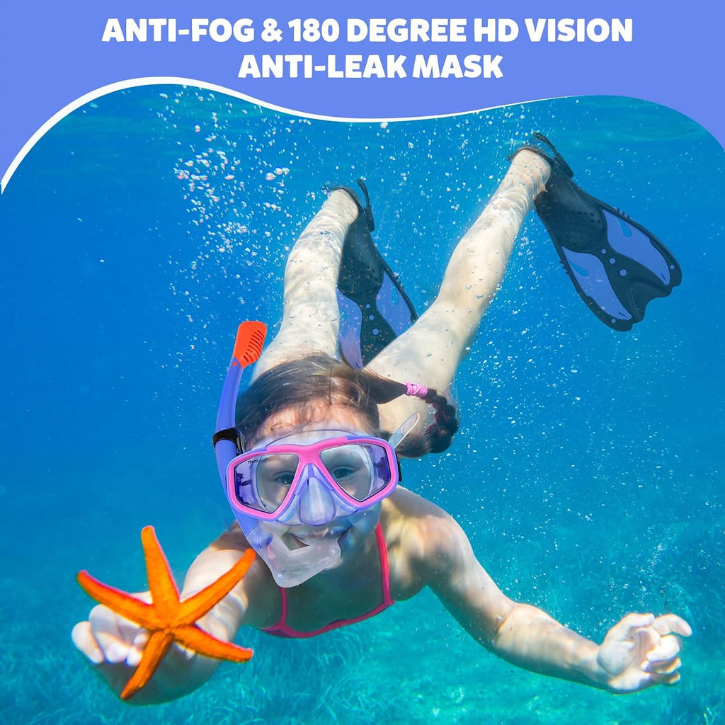 Youth Snorkel Set for Ages 7-16, Snorkeling Gear for Kids with Panoramic View Mask Anti-Fog Anti-Leak Full Dry Top