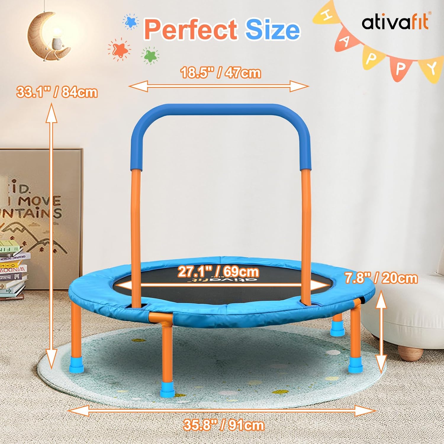 36-Inch Toddler Trampoline with Foam Handle, Foldable Indoor Outdoor Mini Rebounder for Kids Ages 2–6