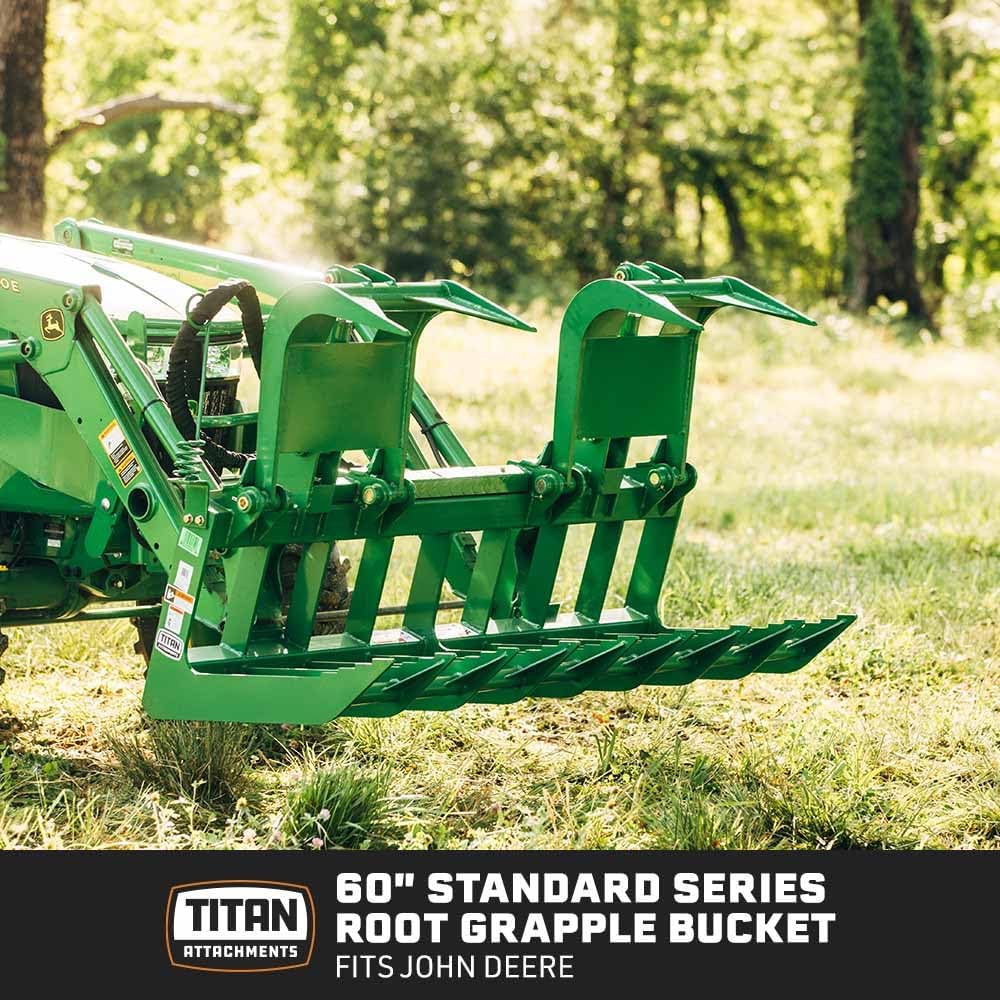 60" Standard Series Root Grapple Bucket Fits John Deere Hook and Pin, Dual Cylinder Hydraulic Design for Medium-Duty