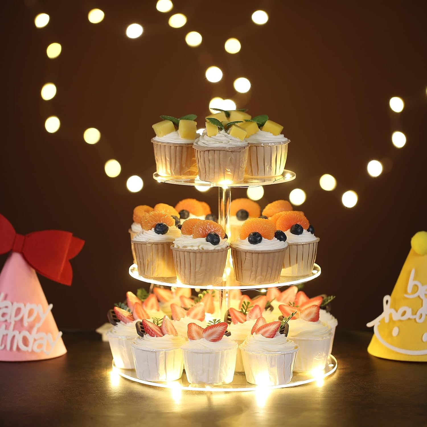 3 Tier Round Cupcake Stand Cupcake Holder, Acrylic Cupcake Tower with LED Yellow Light for 24 Cupcakes, Dessert Table