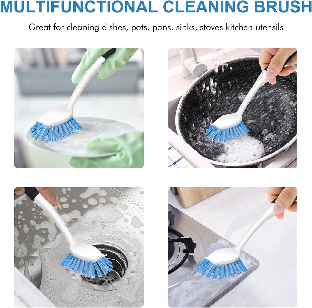 Dish Brush with Handle, 2 Pack Stiff Bristles Dish Scrubber with Built-in Scraper Dish Scrub Brushes for Cleaning