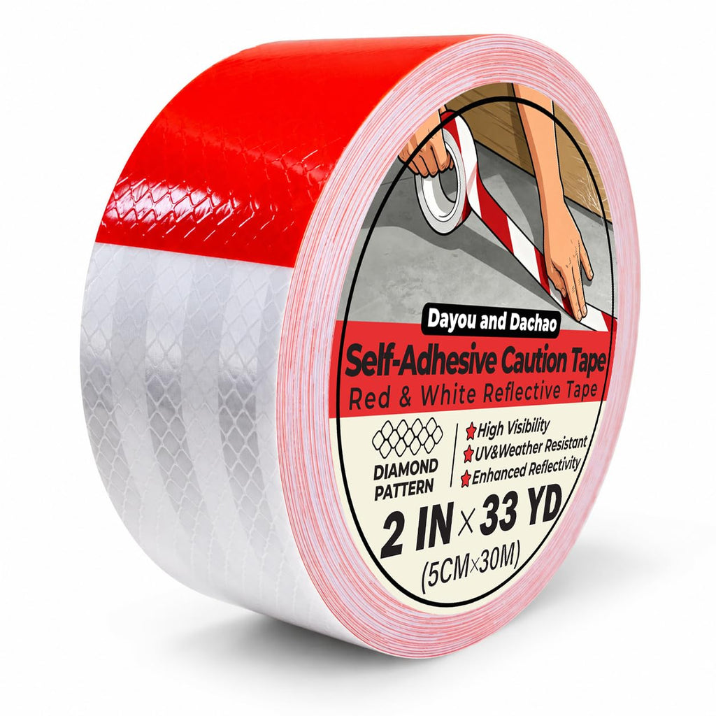 Red White Reflective Safety Tape, 2 In x 33 Yd Self Adhesive Warning Tape