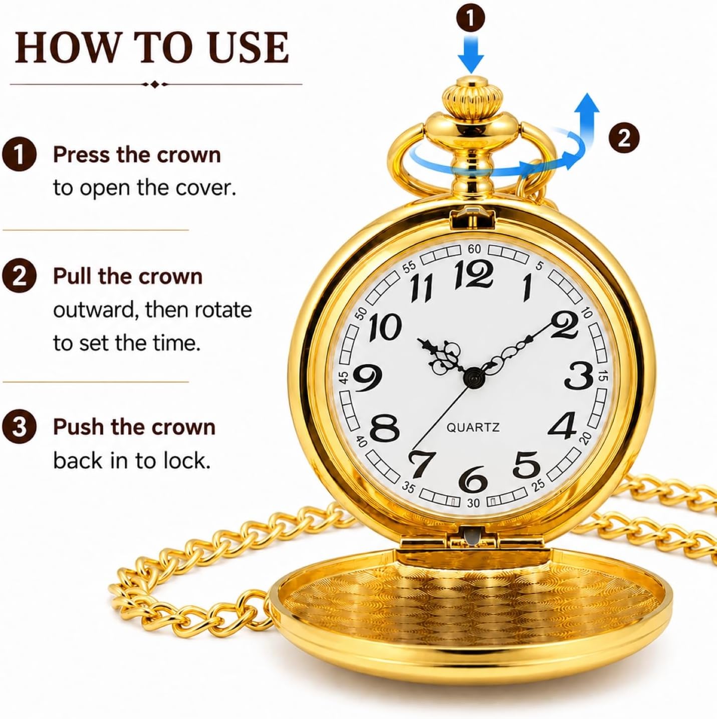 Smooth Vintage Pocket Watch with Chain (Gold)