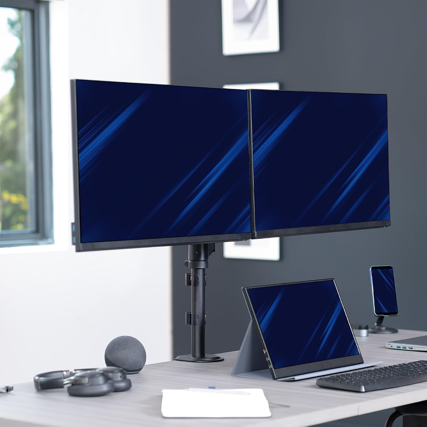 17 to 32 inch Dual Mechanical Monitor Mount, 2 Tension Spring Arms, Adjustable Swivel, Rotation, Heavy Duty VESA Desk