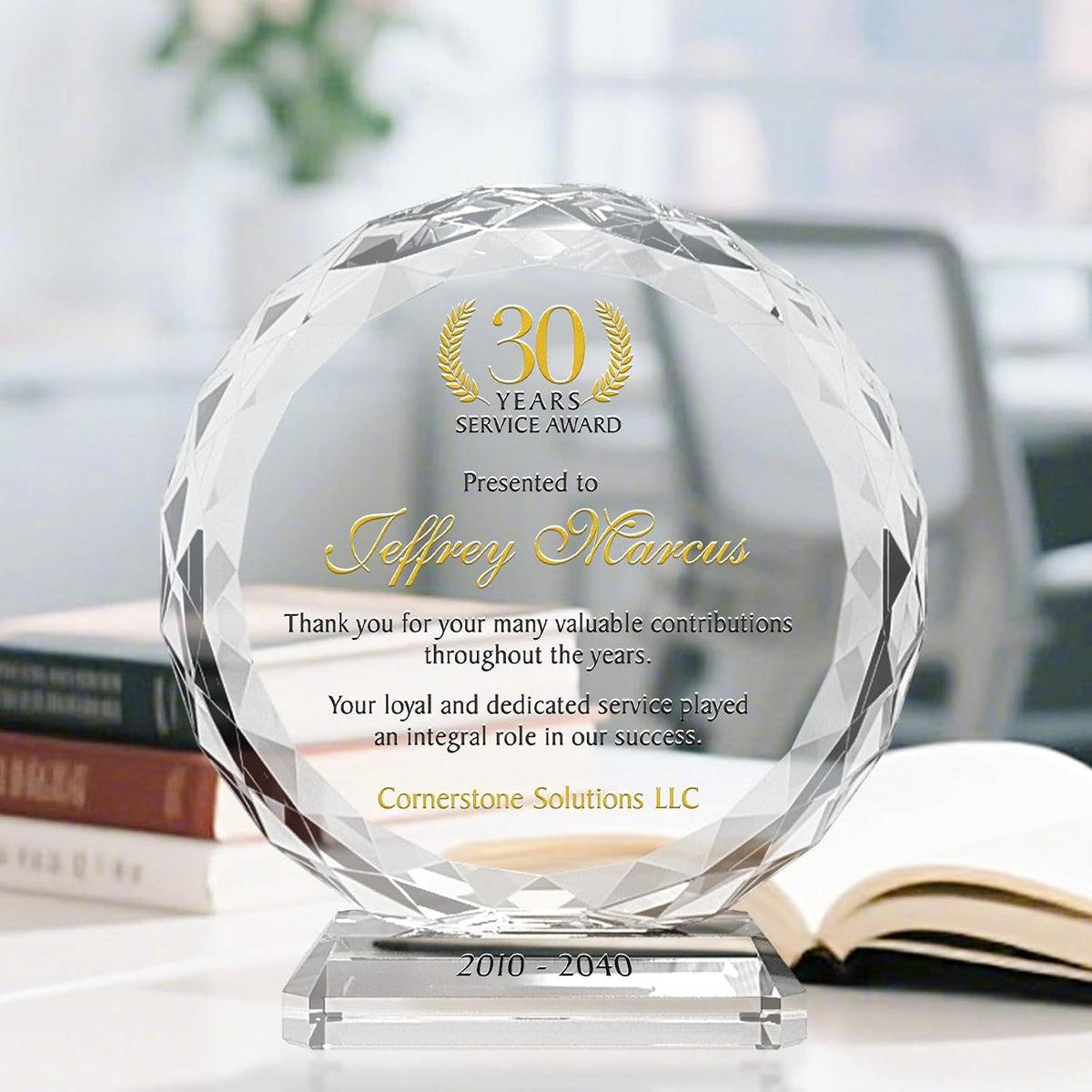 Personalized Crystal Sunflower Employee Recognition Plaque – Custom Award for Years of Service, Engraved with Name