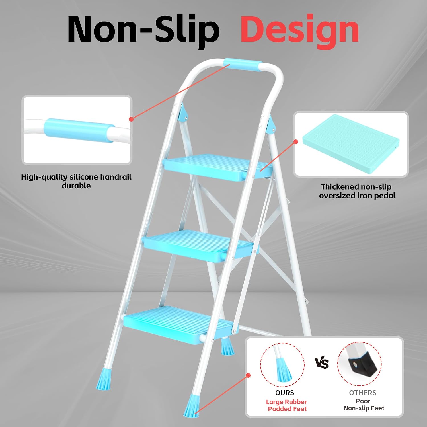 Step Ladder Foldable Folding Stool - for Home Adults Kitchen 3 Stepping Extension Tall Heavy Duty with Handrails