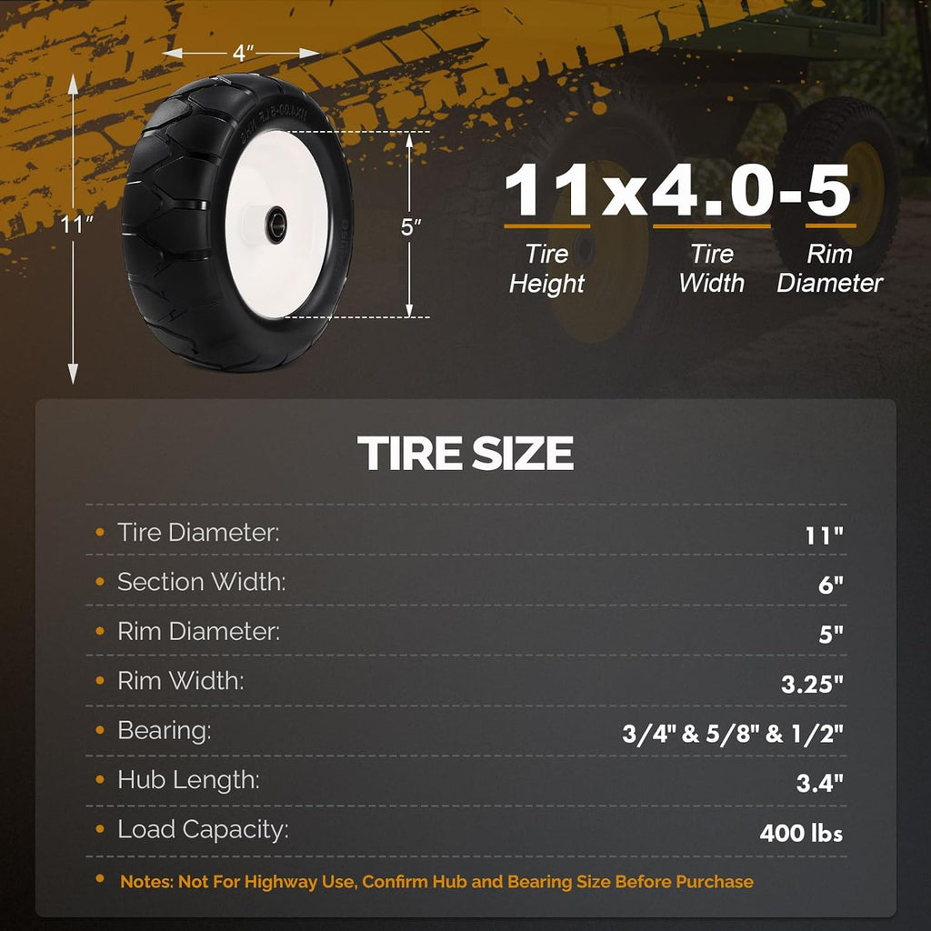 11x4.00-5 Flat Free Lawn Mower Tires and Wheels-3/4" 5/8" 1/2" Bearings & 3.4-4.9" Adjustable Centered Hub Length, 2