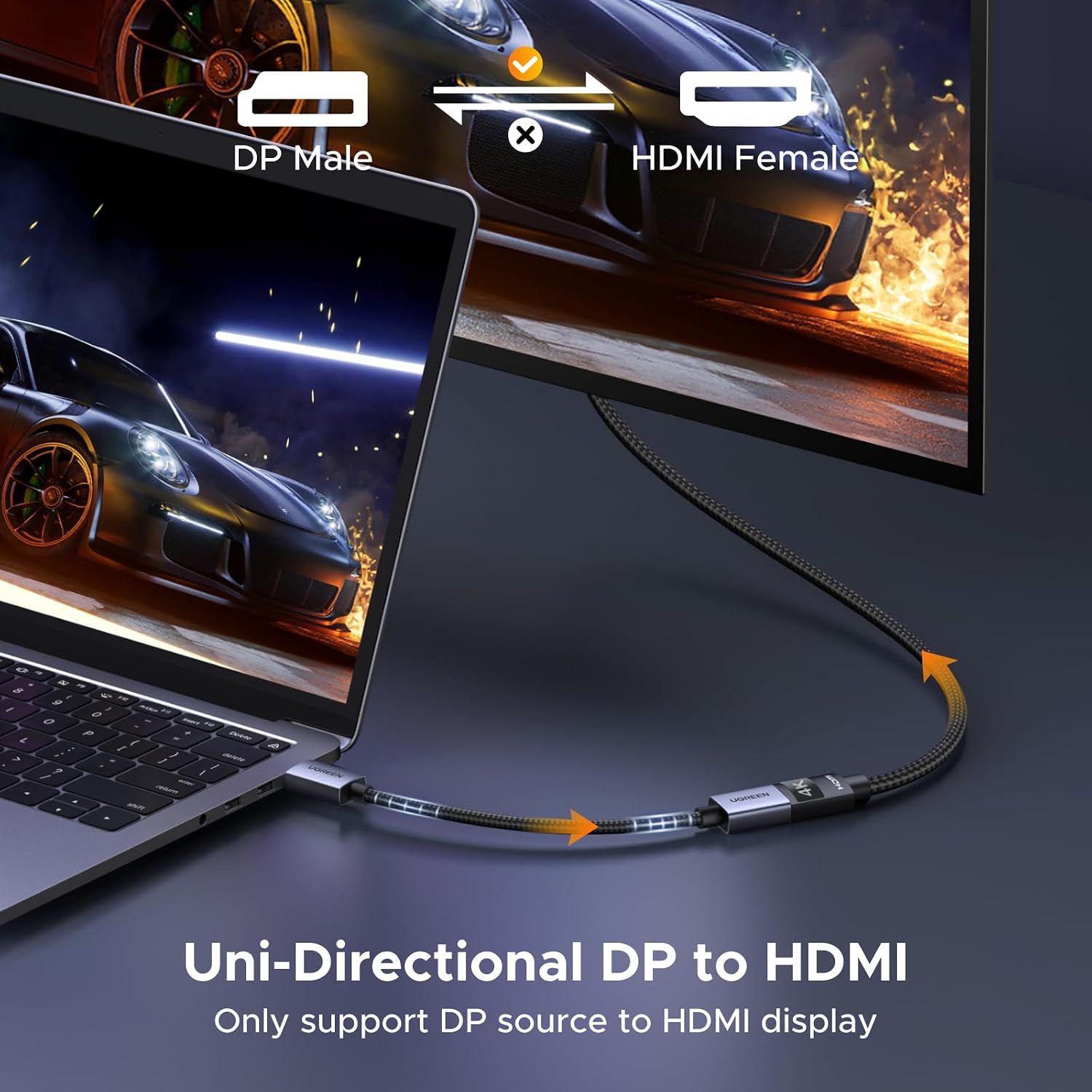 4K DisplayPort to HDMI Unidirectional Adapter 1080P@120Hz, 0.66FT | DP 1.2 PC to HDMI 1.4 Converter, Braided Cable