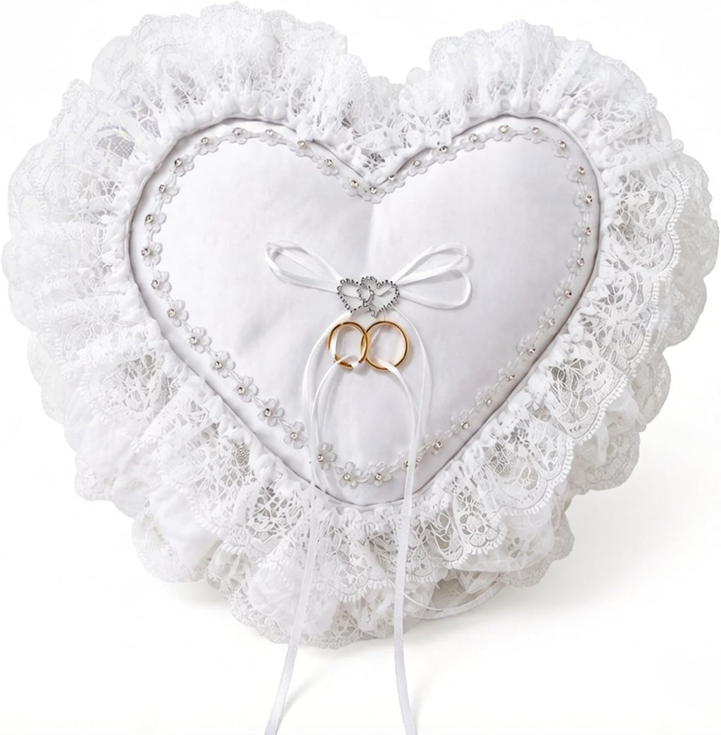 Heart-Shaped Wedding Ring Bearer Pillow, with Fake Rings for Wedding Ceremony White Satin with Lace Trim and Ribbon Bow