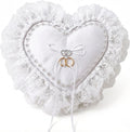 Heart-Shaped Wedding Ring Bearer Pillow, with Fake Rings for Wedding Ceremony White Satin with Lace Trim and Ribbon Bow